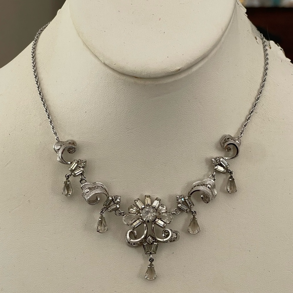 1950s Titan Sterling signed filigree crystal vintage necklace - Picture 7 of 7